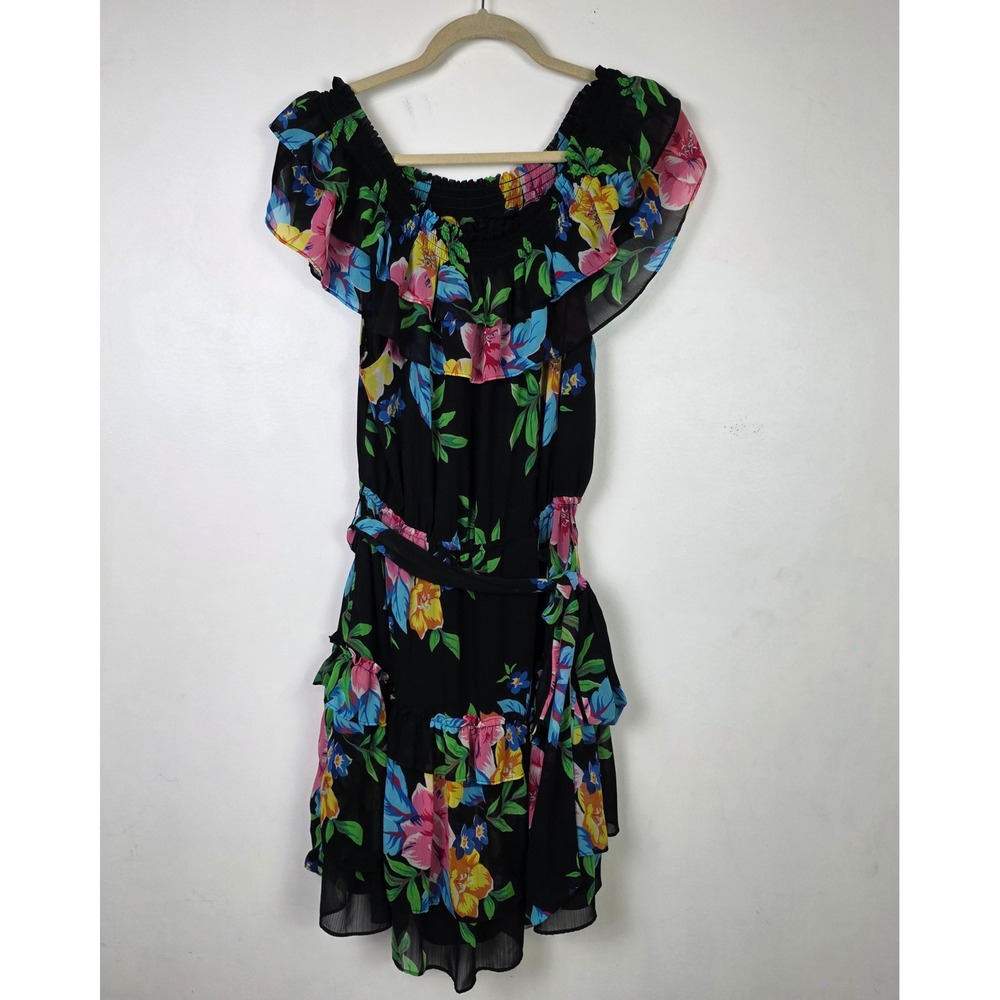 Lauren Ralph Lauren Floral‎ Off The Shoulder Ruffle Midi Dress Black Label Sz 10